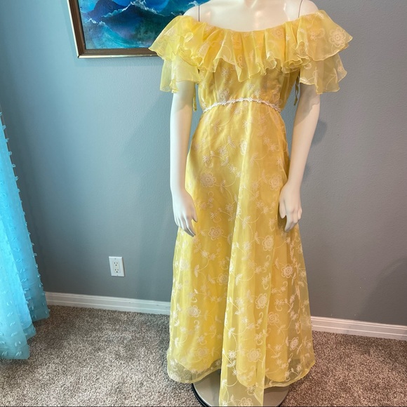 Vintage Dresses & Skirts - Vintage Sylvia Ann Flocked Daisy Flower Dress Ruffle Maxi 70s Flower Child